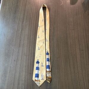 Vintage Chaps X Ralph Lauren Yellow Cream Silk Tie with Blue Lighthouse Motif